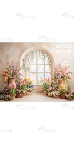 Tło fotograficzne „Wiosenne okno z kwiatami i tulipanami” | E641